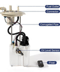 Ford F 150 Electric Fuel Pump Assembly Compatible With 2009 2010 2011 2012 2013 2014 V6 3.7L V8 4.6L 5.0L 5.4L 6.2L 36 Gallon Tank Sending Unit For Crew Cab Standard Cab Extended Range Direct Fit Replacement For Easy Install And Reliable Performance showing labeled parts such as fuel outlet, connector, corrugated pipe, oil level sensor, and float.