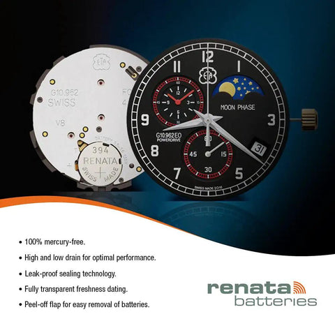 Top Shelf Size 373 Silver Oxide Watch Battery Two Pack Long Lasting Power For Luxury Wristwatches No Sweat Replacement, showing detailed watch face and movement.