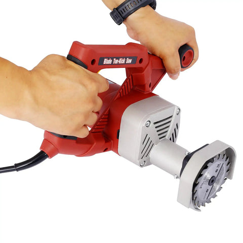 Heavy Duty Corded Toe Kick Circular Saw Delivers Knockout Flush Cuts And Quick Dial In Precision Depth Adjustments For Slick Cabinet Install And Floor Trim Work held in hands.