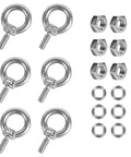 Six Pack 304 Stainless Steel M4 Eye Bolts With Matching Hex Nuts set includes eye bolts, nuts, and washers for heavy duty projects.