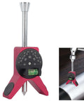 Pipe center finder tool with pink Y-shaped base, black dial, bubble level; front view