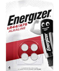 Legit Long Lasting LR44 A76 Alkaline Button Battery Pack 1.5 Volt Coin Cell Power For Remote Control Medical Gear Kids Toys Calculator Watch Storage Ready Real Deal Smooth Operator Reliable Backup in packaging with four batteries visible.
