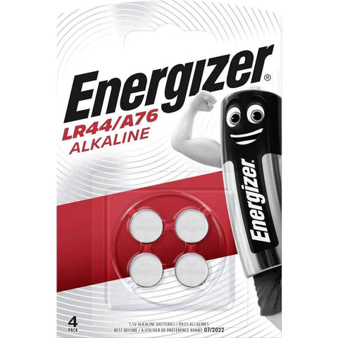 Legit Long Lasting LR44 A76 Alkaline Button Battery Pack 1.5 Volt Coin Cell Power For Remote Control Medical Gear Kids Toys Calculator Watch Storage Ready Real Deal Smooth Operator Reliable Backup in packaging with four batteries visible.