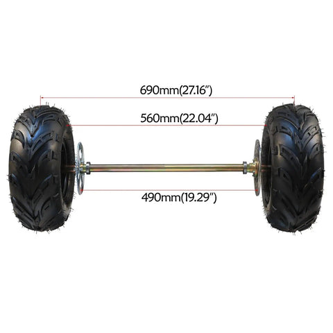 Complete 29 Inch Rear Live Axle Kit Beefed Up For Go Karts And Drift Trikes With 6 Inch Wheels and Tubeless Tires, front view.