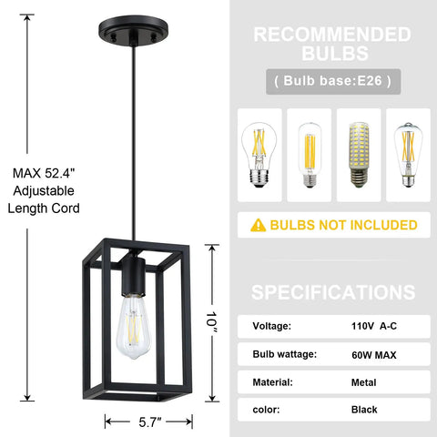 2 Pack 1 Light Adjustable Rustic Farmhouse Pendant Lights With 5.7 Inch Metal Cage Mini Pendant For Kitchen Island Cafe Bar Black Finish Dimmable Ceiling Lighting Bulb Not Included showing dimensions and bulb specifications.
