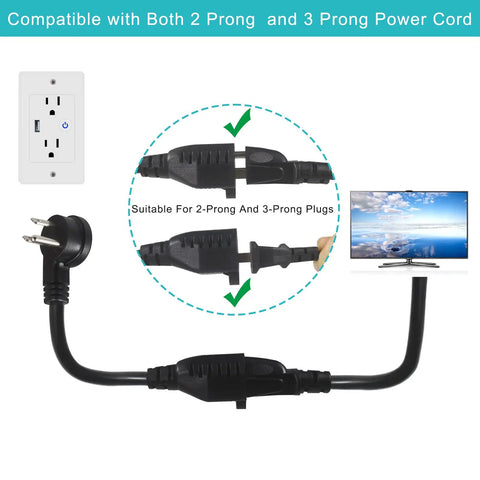 Low Profile 1 Foot Flat Plug Extension Cord With Grounded 3 Prong Indoor SJT 16AWG shown with TV and wall socket compatibility.