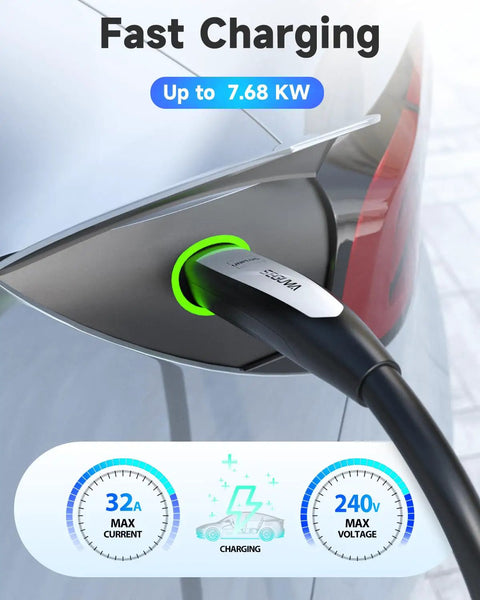 Tesla EV Charger Extension Cable 32A 21Feet NACS for Level 1 and Level 2 charging car connection, fast charging display