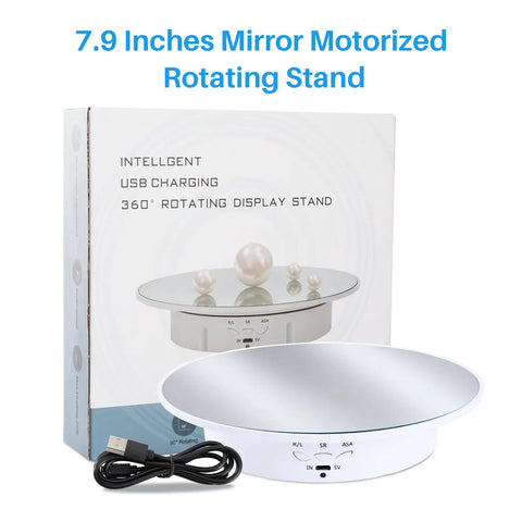 Hassle Free Rotating Display Turntable Stand For Jewelry And Watches 7.87 Inch White Spinning Platform with USB power and mirror finish.
