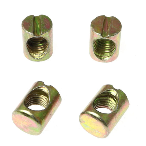 Pack Of Twelve M8 X 15mm Galvanized Barrel Nuts With Pozidriv Top Drive For Heavy Duty Furniture Build No Sweat Installation Bulletproof Grip For Cribs Cabinets And Serious Diy Builders, four nuts displayed.