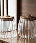 Straight Up Airtight Glass Tea And Coffee Canister Set Keeps Whole Bean Roasts Fresh Crisp And Locked Away From Moisture Proof Pantry Storage Vessel, clear jars with wooden lids.