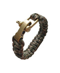 Paracord Bracelet For Men Tactical Survival Gear with bronze clasp, green camo pattern, adjustable size, rugged outdoor EDC accessory