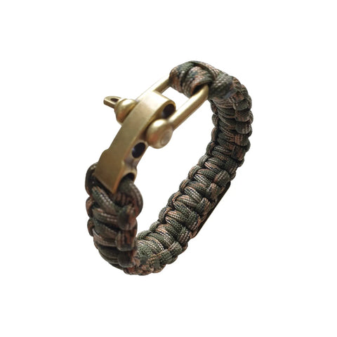 Paracord Bracelet For Men Tactical Survival Gear with bronze clasp, green camo pattern, adjustable size, rugged outdoor EDC accessory
