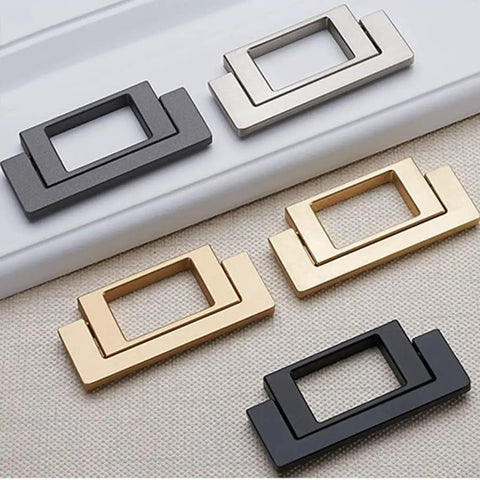 Edge Finger Pulls 2 Pack Concealed Cabinet Handles in zinc alloy with various finishes, shown on fabric and wood surfaces
