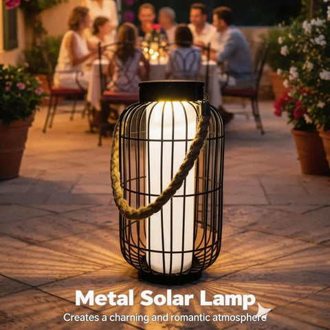 Big Solar Powered Lantern for Outdoor Use Heavy Duty Metal Hanging Lights in patio setting