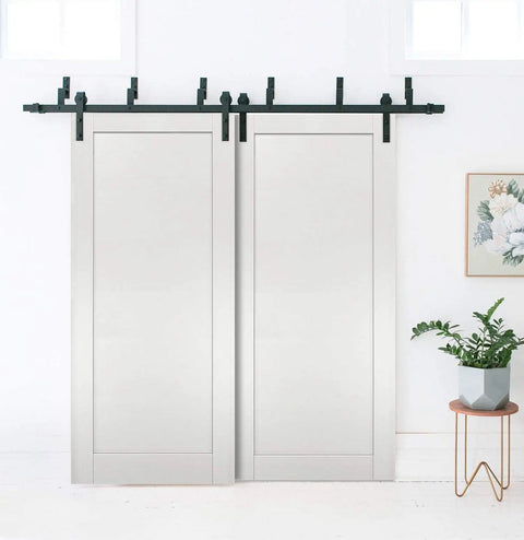 Barn Bypass Sliding Doors 84 By 96 Inches With 6.6 Ft Heavy Duty Rails Kit In White Ash Finish, installed view, double doors