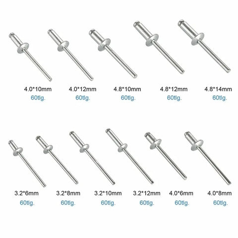 660 Pcs Aluminum Dome Head Blind Rivets Kit With 3.2mm, 4mm, And 4.8mm Pop Rivets, Durable Aluminum Fasteners For DIY Projects, Heavy Duty Rivet Set For Auto, Metal, Woodworking, And More. Mixed-size aluminum dome head blind rivets shown in 3.2mm, 4.0mm, and 4.8mm lengths