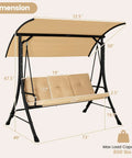 3-Seat Outdoor Porch Swing With Adjustable Canopy And Weatherproof Cover dimensions, sturdy metal frame and thick cushions.