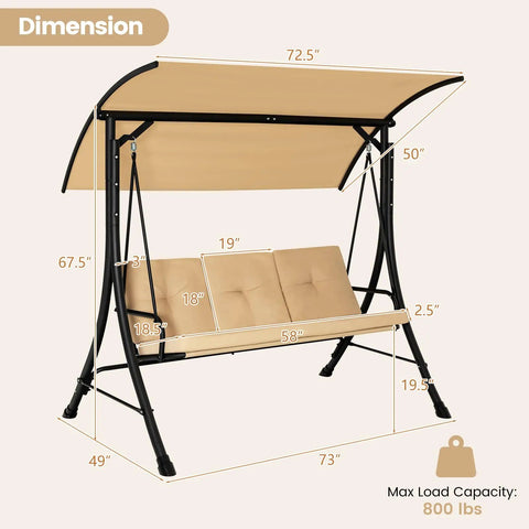 3-Seat Outdoor Porch Swing With Adjustable Canopy And Weatherproof Cover dimensions, sturdy metal frame and thick cushions.