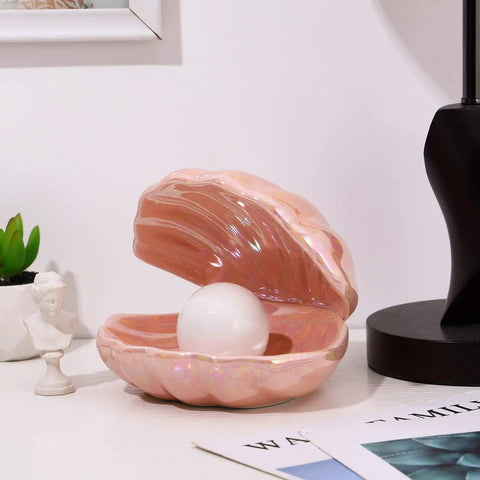 Ocean Inspired Pearl Light LED Seashell Lamp for Nightstand and Desk Ceramic Shell Glow Portable Pink Night Light in room setting