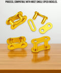 Dope Single Speed Bike Chain Master Link Connectors With Quick Release Design For Sweet MTB And Road Rig Upgrades 1/2x1/8 Inch Five Pack Set showing gold connectors on a wooden surface.