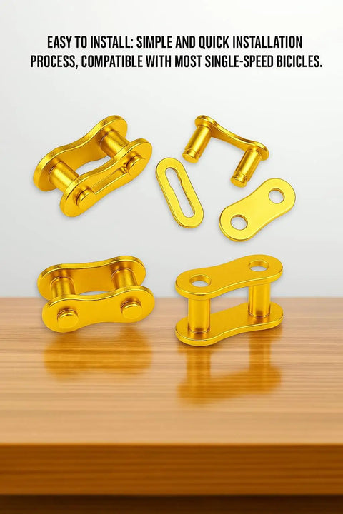 Dope Single Speed Bike Chain Master Link Connectors With Quick Release Design For Sweet MTB And Road Rig Upgrades 1/2x1/8 Inch Five Pack Set showing gold connectors on a wooden surface.