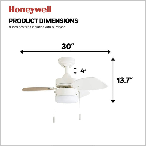 Modern 30 Inch Ceiling Fan With Light And Pull Chain LED Indoor Outdoor Ready 3 Blade Design With White Or Brown Maple Finishes Patio Ready Quiet Motor with dimensions