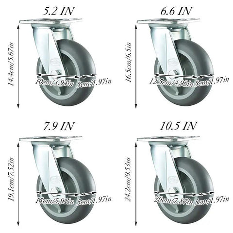 Heavy Duty Casters 4 Pack With Reliable Brakes Roll Like Butter Swivel And Fixed Wheels Quiet TPR Rubber - various sizes displayed
