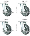 Four Pack Heavy Duty Castor Wheels Featuring Swivel And Locked TPR Rubber Dead Silent Ride, sizes 5.2 to 10.5 inches.