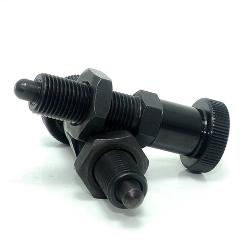 Rock Solid Index Plunger With Hex Turn Collar And Knockout Aluminum Spring Knob Locking System Screw Mount M16L Precision Location Pin Hardware For Serious Shop Fixtures One Piece, black threaded knobs and springs.