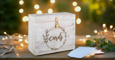 Darn Good Wooden Wedding Card Box With Secure Lock And Wide Card Slot Total Party Hit For Collecting Guest Envelopes And Sweet Wishes At Wedding Receptions Bridal Showers And Birthdays, white wood, decorative 'cards' engraving.