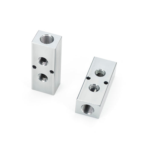 2 Way 4 Port Pneumatic Air Manifold Block 3/8 NPT and 1/4 NPT aluminum mounting block for air compressor outlet kit 2 pack