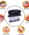 Meat Tenderizer With 48 Stainless Steel Needle Blades Heavy Duty Pro Grade Kitchen Tool shown with various meats