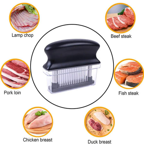 Meat Tenderizer With 48 Stainless Steel Needle Blades Heavy Duty Pro Grade Kitchen Tool shown with various meats