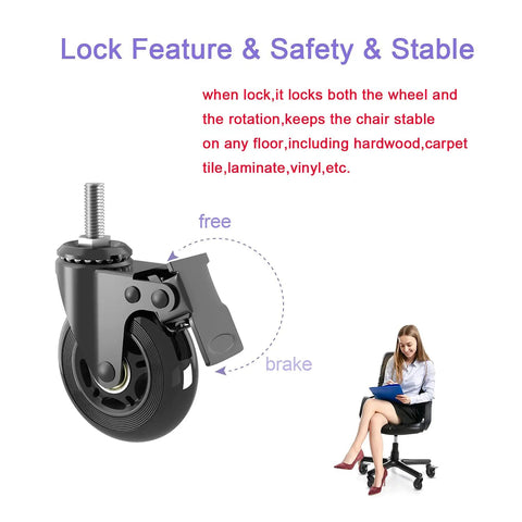Set Of Five Heavy Duty Three Inch Swivel Caster Wheels With Three Eighths Inch UNC Threaded Stem Two With Safety Dual Brakes