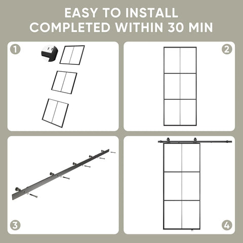 Installation steps for 36x84 Inch Glass Sliding Barn Door Kit With 6Ft Hardware Black Aluminum Frame Clear Tempered Glass 3 Panel