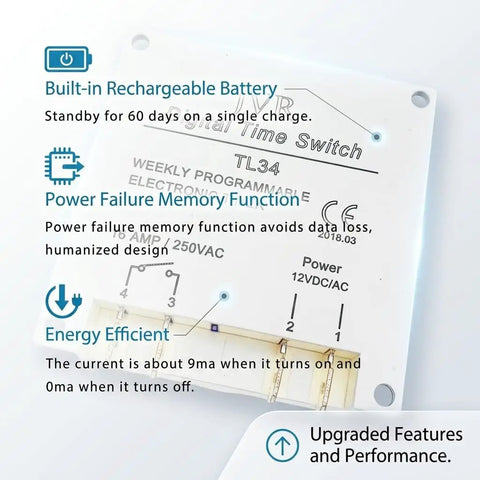 Programmable 12V Timer Switch With 16 Independent On Off Schedules, Timing Range From 1 Minute To 7 Days front view showing features.
