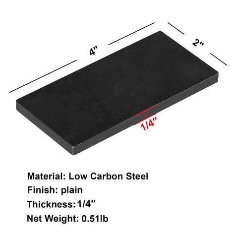 Ten Pack One Quarter Inch Steel Welding Coupons 2 By 4 Inch Metal Practice Plates For MIG TIG Stick And Arc Welding Training And Skill Building In The Shop Durable Low Carbon Steel For Long Lasting Reuse showing dimensions and material details.