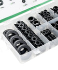 180 Piece Rubber Grommet Set for Wiring, 8 Size Assortment in a plastic case, flexible black grommets for auto DIY projects.