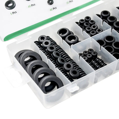 180 Piece Rubber Grommet Set for Wiring, 8 Size Assortment in a plastic case, flexible black grommets for auto DIY projects.