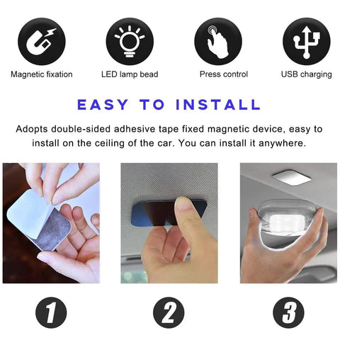 Steps showing installation of Wireless Magnetic USB Car Dome Light For Interior Ceiling with adhesive tape and magnetic fixation