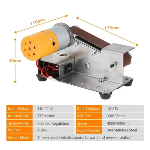 Compact Mini Electric Belt Sander And Grinder Desktop Power Tool Built Like A Tank With Rugged Stainless Steel showing specifications and dimensions.