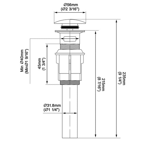 Diagram of Pop Up Bathroom Sink Drain With Overflow For Vessel Sinks, Push Type Stopper, Brushed Nickel, showing dimensions