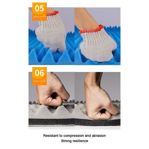 Showcase of No Hassle Top Shelf High Density Acoustic Foam Panels Self Adhesive compressing and demonstrating resilience.