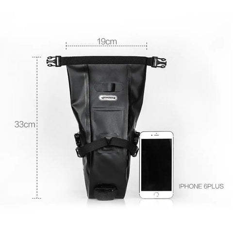 Waterproof Under Seat Saddle Bag For Bike With 1.5L Capacity next to iPhone 6 Plus, showing 33cm by 19cm dimensions.