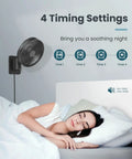 8 Inch Small Wall Mounted RV Fan with Remote Control, shown in bedroom setting, highlighting 4 timer settings, adjustable tilt.