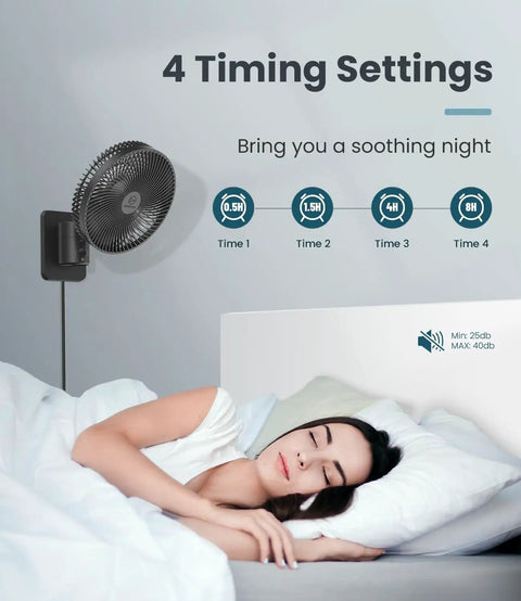 8 Inch Small Wall Mounted RV Fan with Remote Control, shown in bedroom setting, highlighting 4 timer settings, adjustable tilt.