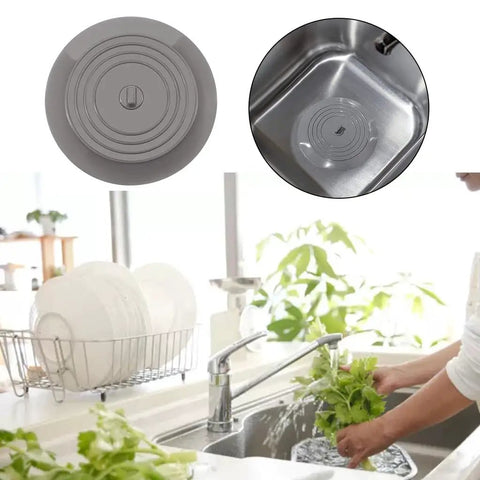 Bathtub Drain Stopper 6 Inches Silicone Rubber Plug, Black shown in kitchen sink with water, preventing spills and odors.