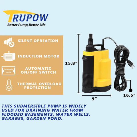 Half HP Submersible Sump Pump 2200 GPH for Clean or Dirty Water, shown with dimensions and features list.