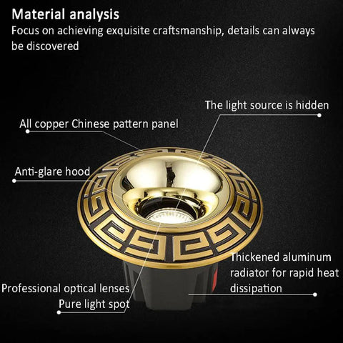 Built Tough 4.3 Inch Adjustable Eyeball Led Recessed Downlight Featuring Solid Brass Housing And Anti Rust Die Cast Baffle Trim For Cool Running Home Fixtures with copper pattern panel and anti-glare hood.