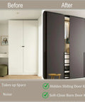 Before and after comparison of closet with 48 Inch Concealed Sliding Barn Door Hardware Kit For Interior Wooden Doors
